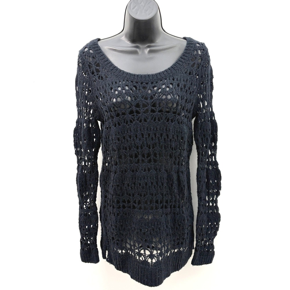 Hollister Sweater Open Crochet Knit Long Sleeve Medium Navy Blue